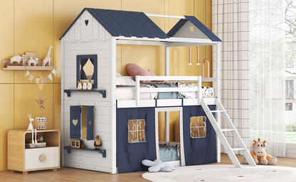 Start2Finish bunk wood house bed with windows, sills, and tent for kids&