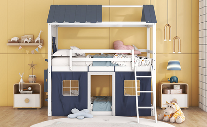Start2Finish bunk wood house bed with elegant windows, sills, and tent, perfect for kids&