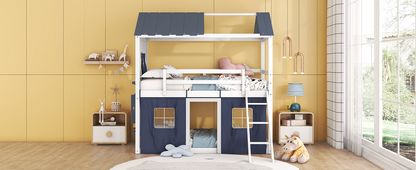 Start2Finish bunk wood house bed with windows, sills, and tent for kids&