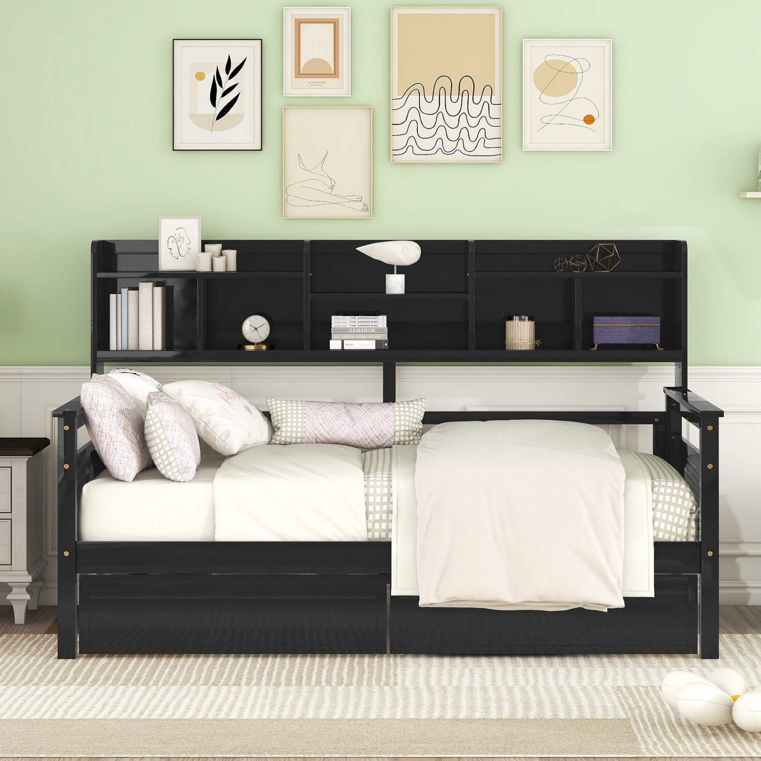 Twin size Start2Finish daybed with wood slat support, bedside shelves, and two drawers in a modern furniture design.