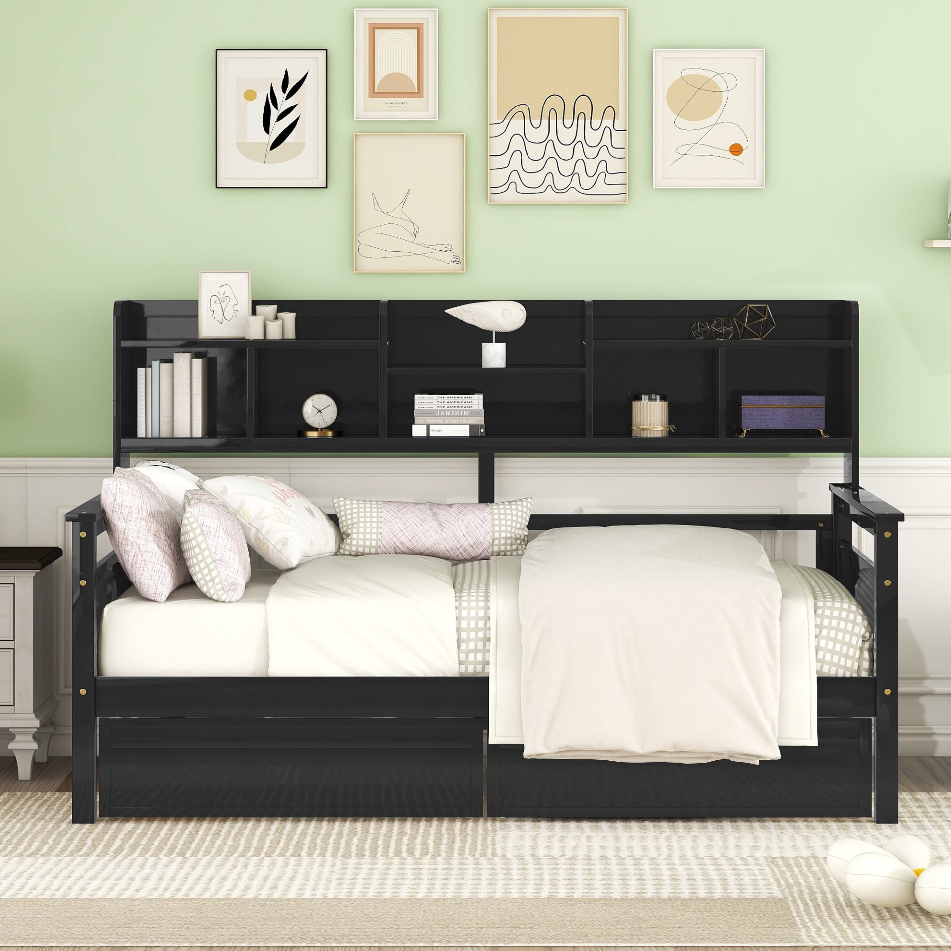 Twin size Start2Finish daybed with wood slat support, bedside shelves, and two drawers in a modern furniture design.