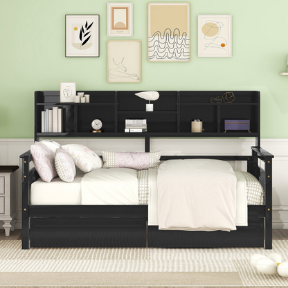 Twin size Start2Finish daybed with wood slat support, bedside shelves, and two drawers in a modern furniture design.