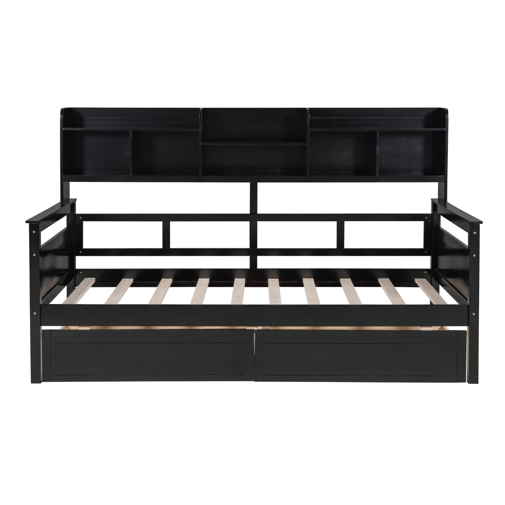Start2Finish twin size daybed with wood slat support, bedside shelves, and two drawers, showcasing a modern furniture design.
