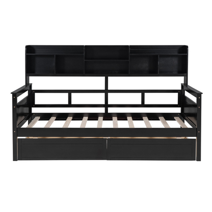 Start2Finish twin size daybed with wood slat support, bedside shelves, and two drawers, showcasing a modern furniture design.