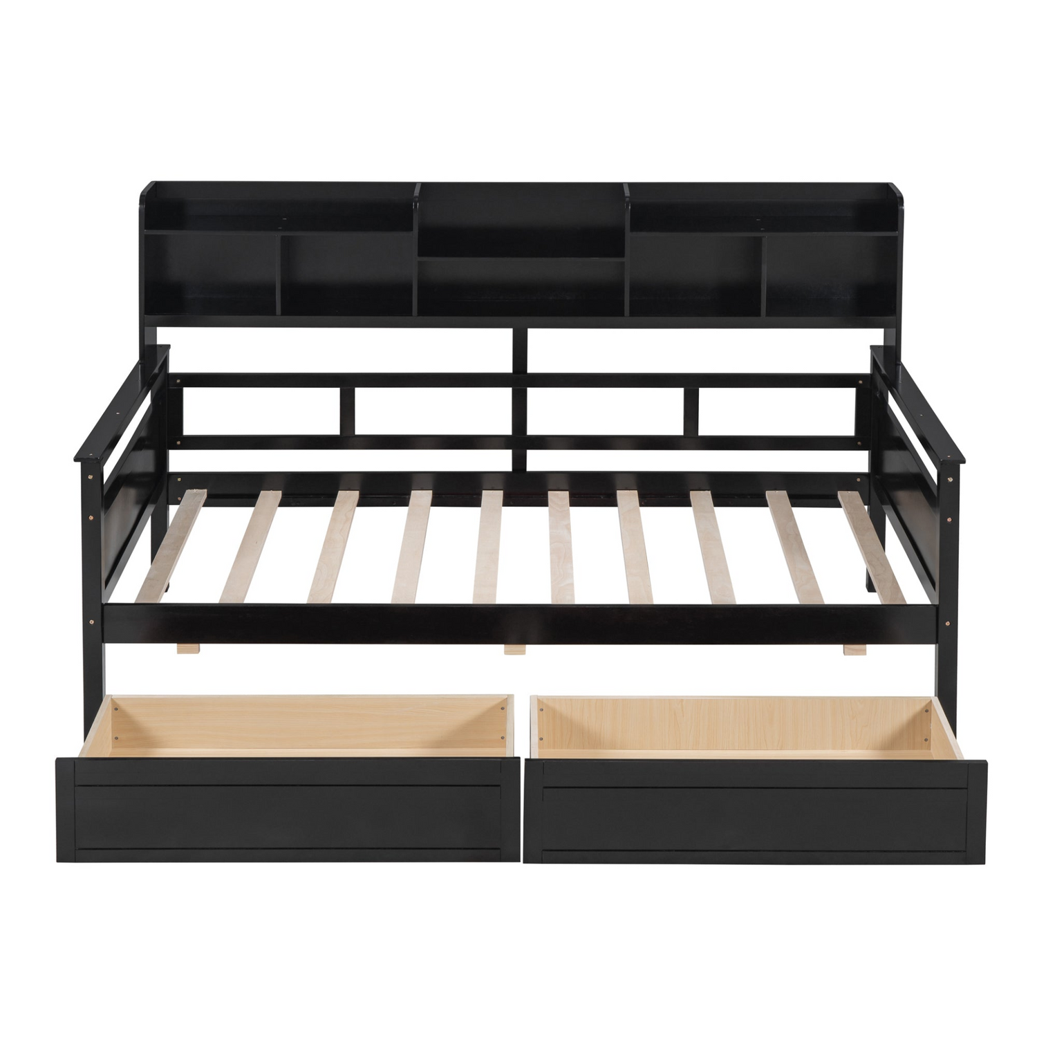 Twin size Start2Finish wood slat daybed with bedside shelves and two drawers, showcasing its sturdy frame and storage features.
