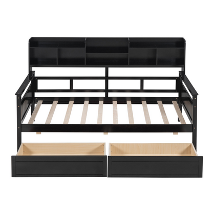 Twin size Start2Finish wood slat daybed with bedside shelves and two drawers, showcasing its sturdy frame and storage features.