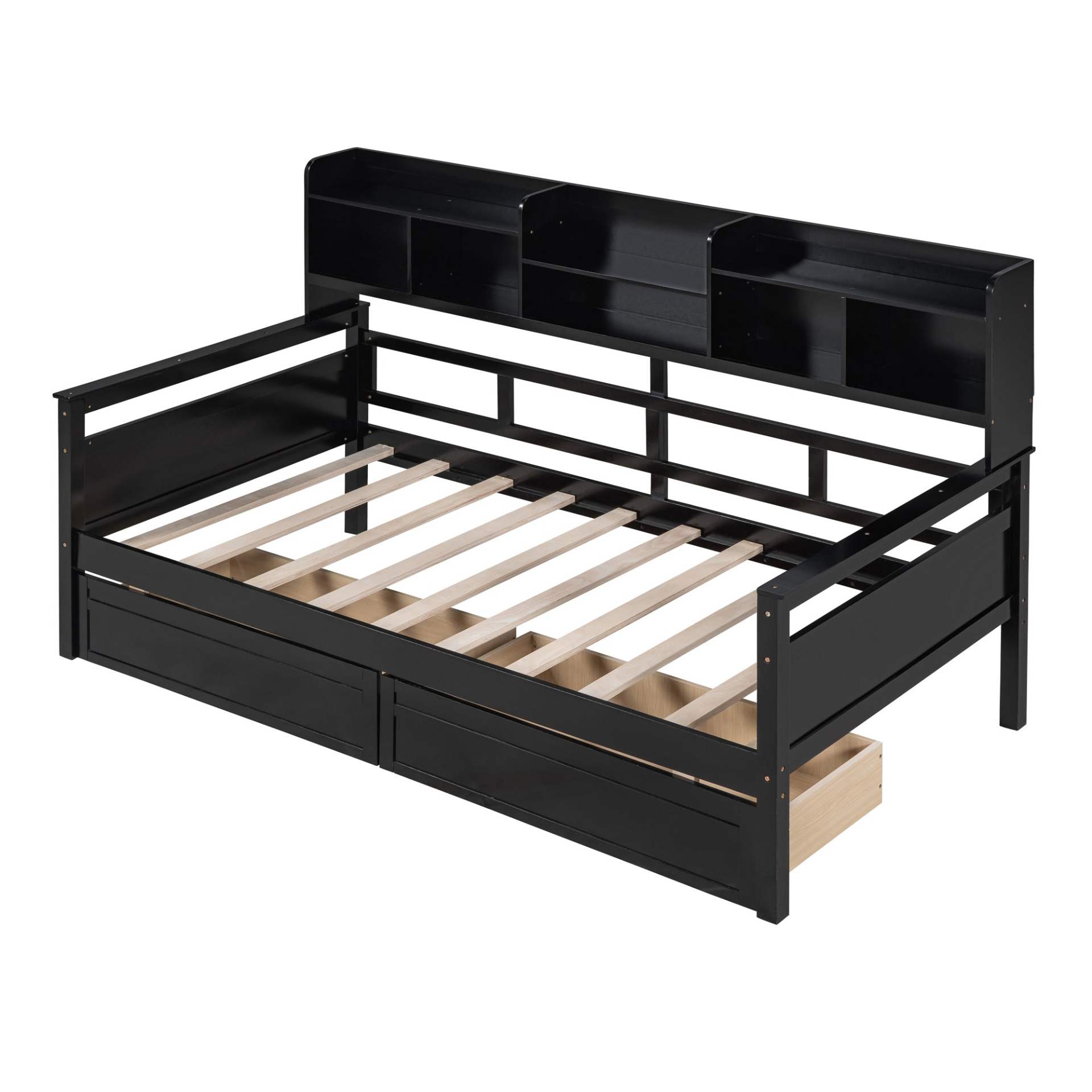 Twin size Start2Finish daybed with wood slat support, bedside shelves, and two drawers in a modern furniture design.