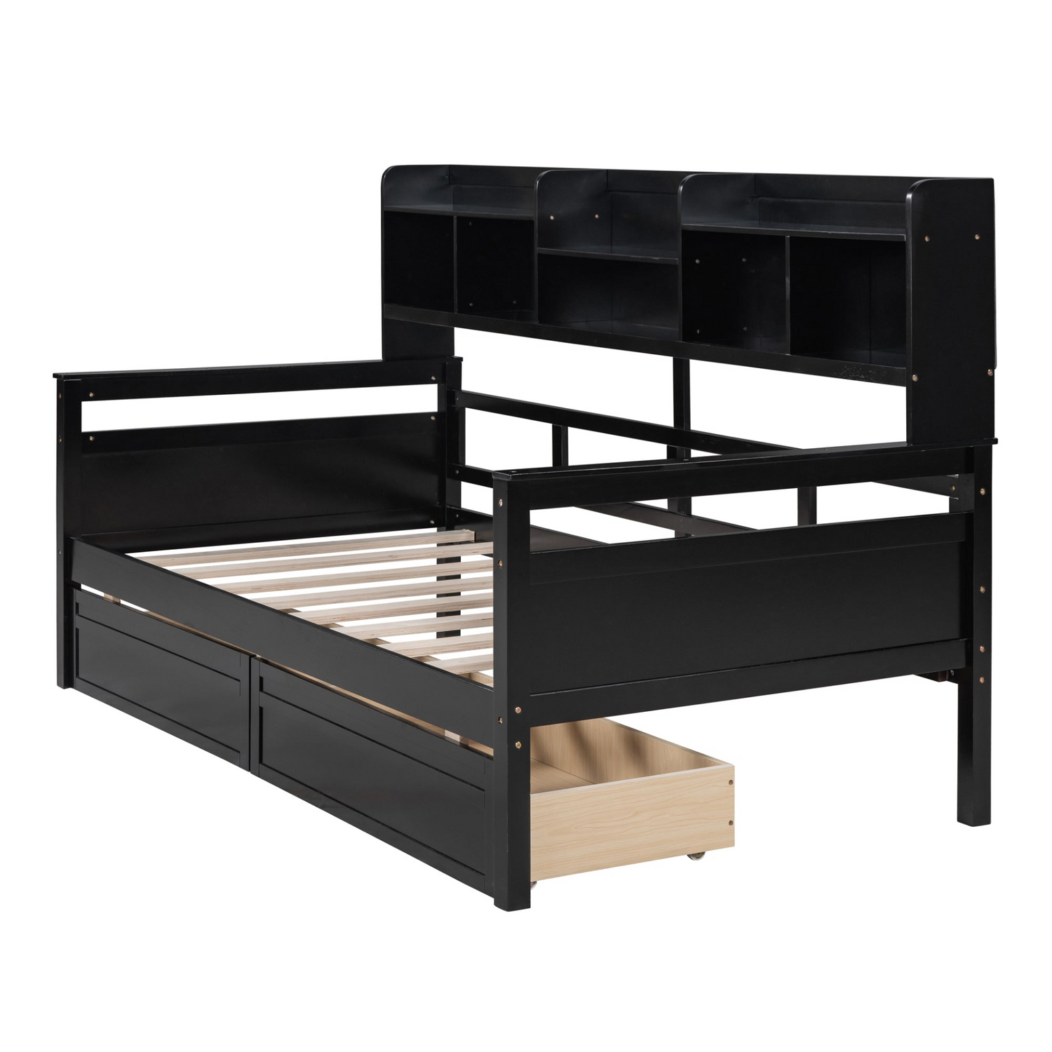 Start2Finish twin size wood slat daybed with bedside shelves and two drawers, showcasing its sturdy frame and functional storage.
