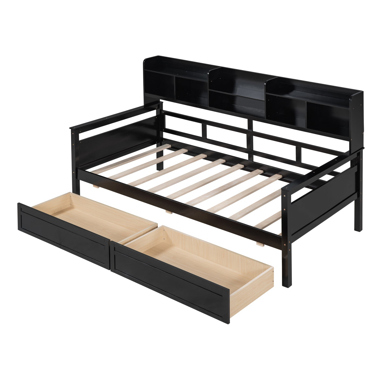 Twin size Start2Finish daybed with wood slat support, bedside shelves, and two storage drawers visible in the image.