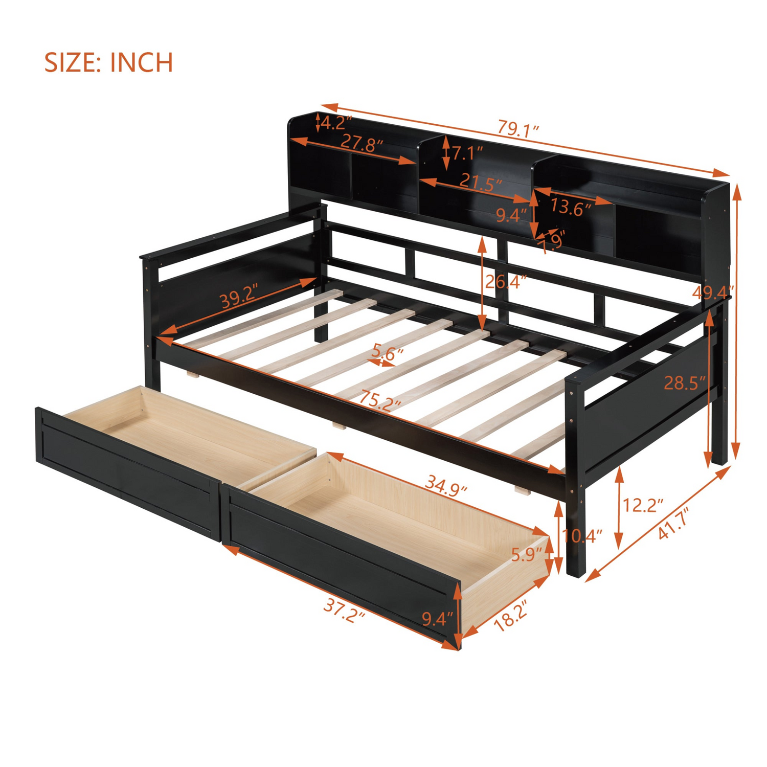 Twin size Start2Finish wood slat daybed with bedside shelves and two drawers, featuring a sturdy frame and functional storage.