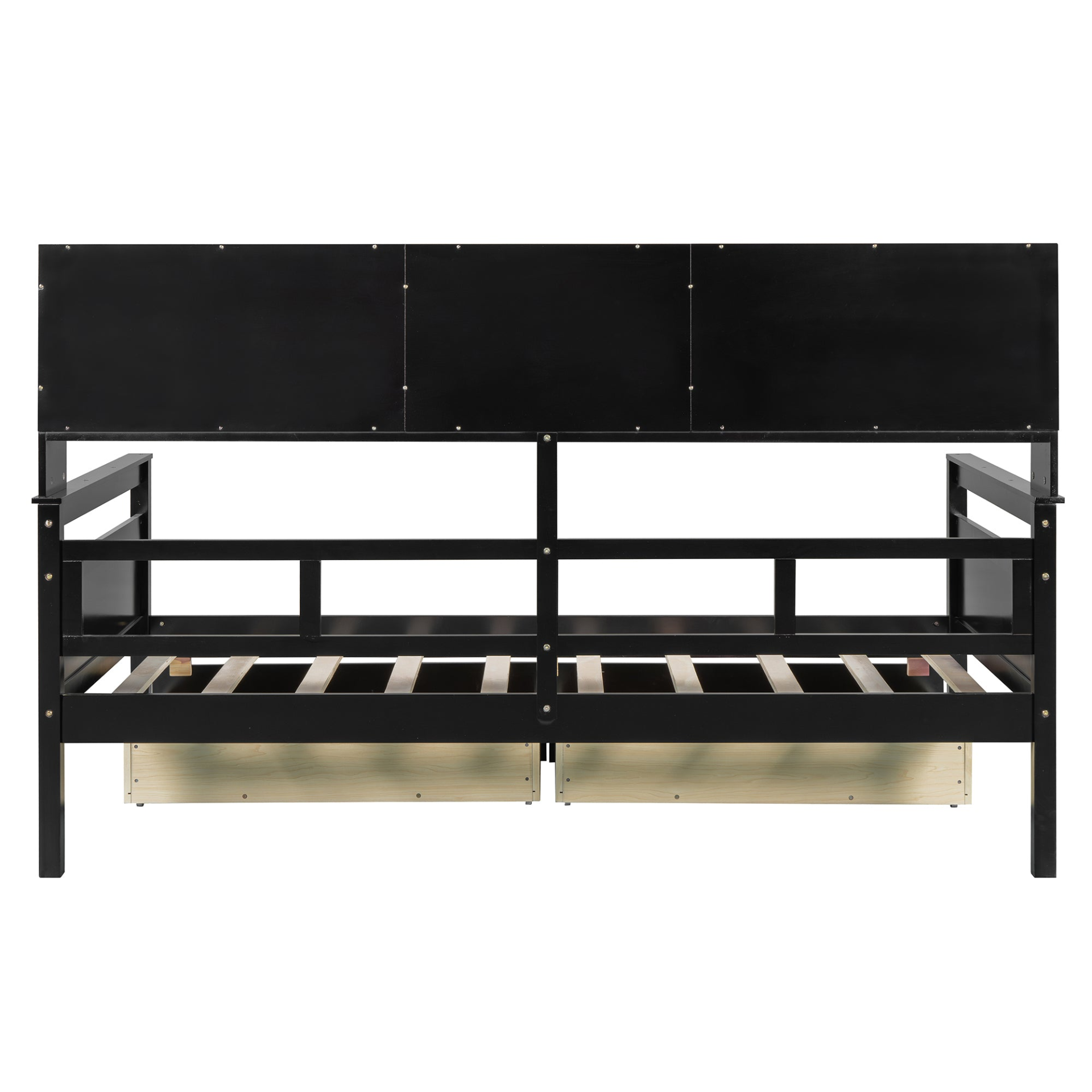 Twin size Daybed with wood slat support, bedside shelves, and two drawers, shown in a modern furniture setting.