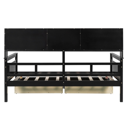 Twin size Daybed with wood slat support, bedside shelves, and two drawers, shown in a modern furniture setting.