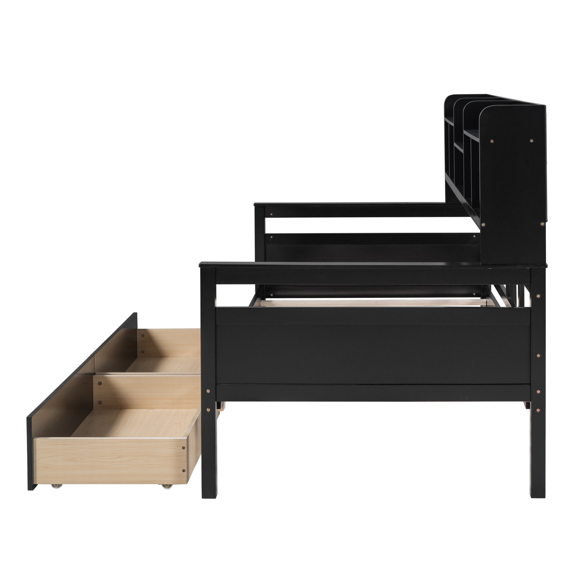 Twin size Start2Finish daybed with wood slat support, bedside shelves, and two drawers in a modern furniture design