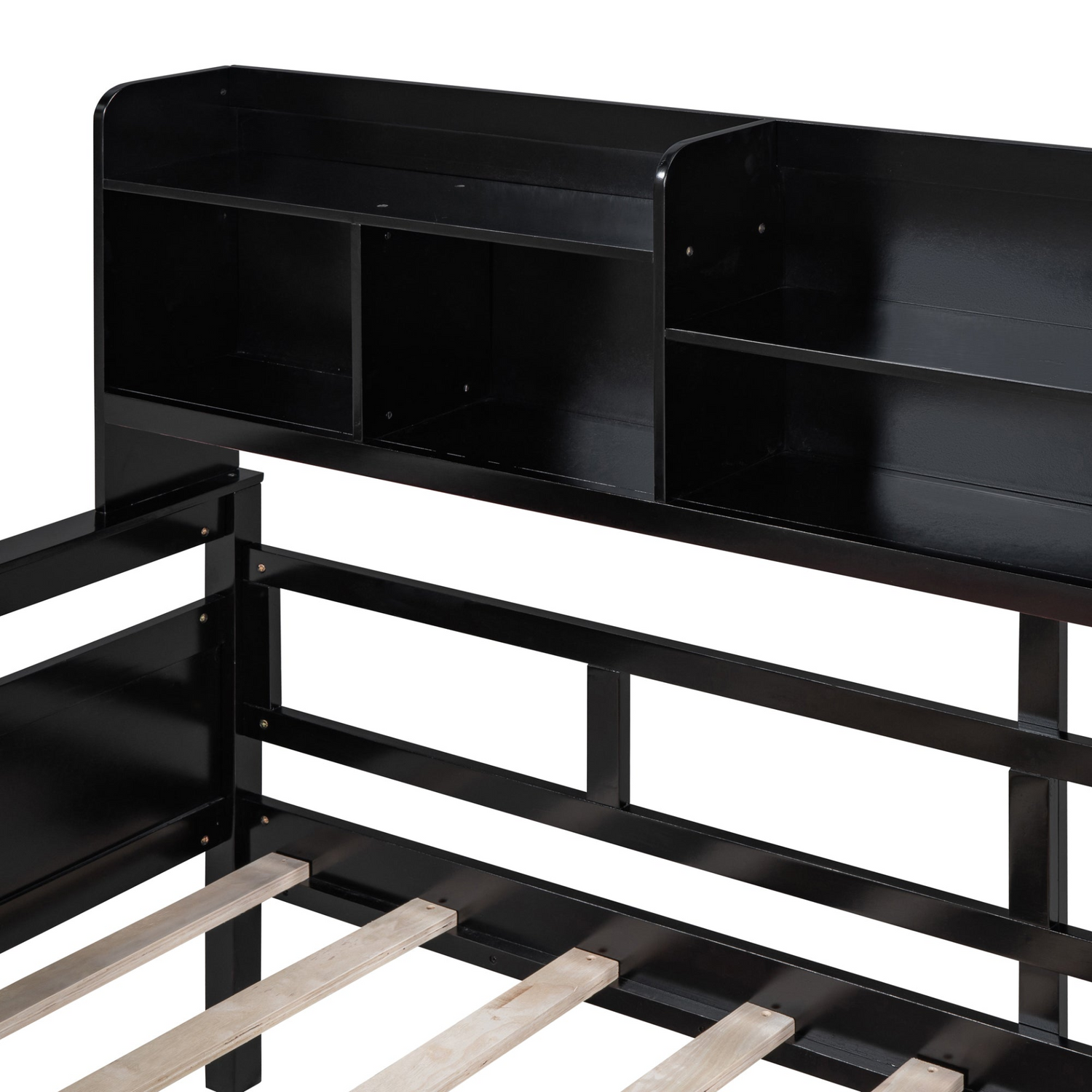 Twin size Start2Finish wooden daybed with slat support, bedside shelves, and two drawers, showcasing a stylish and functional bedroom furniture piece.
