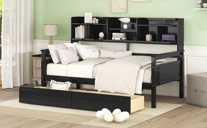 Start2Finish twin size daybed with wood slat support, bedside shelves, and two drawers, showcasing a modern furniture design.