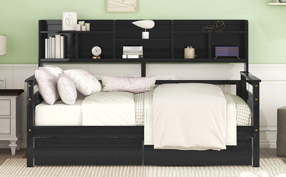 Twin size Start2Finish daybed with wood slat support, bedside shelves, and two drawers, showcasing its stylish and functional furniture design.