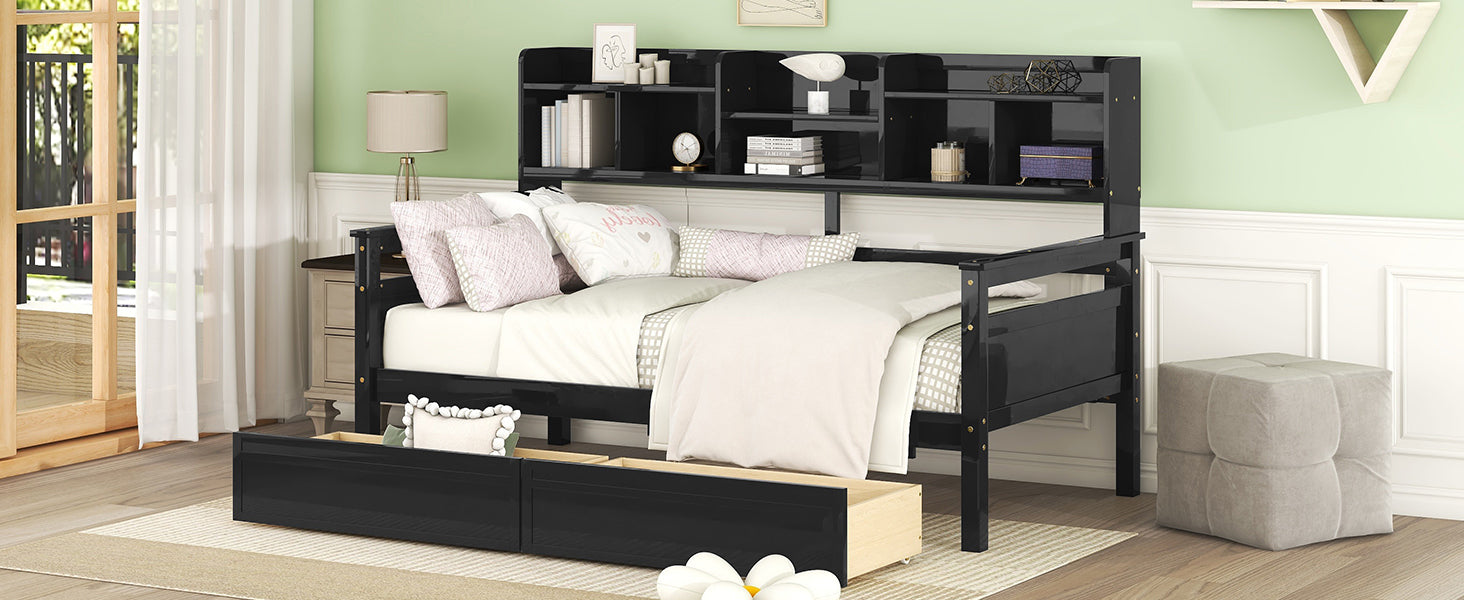 Twin size Start2Finish wood slat daybed with bedside shelves and two drawers, showcasing its sleek furniture design.