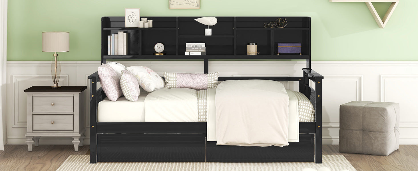 Twin size Start2Finish daybed with wood slat support, bedside shelves, and two drawers showing a modern furniture design.