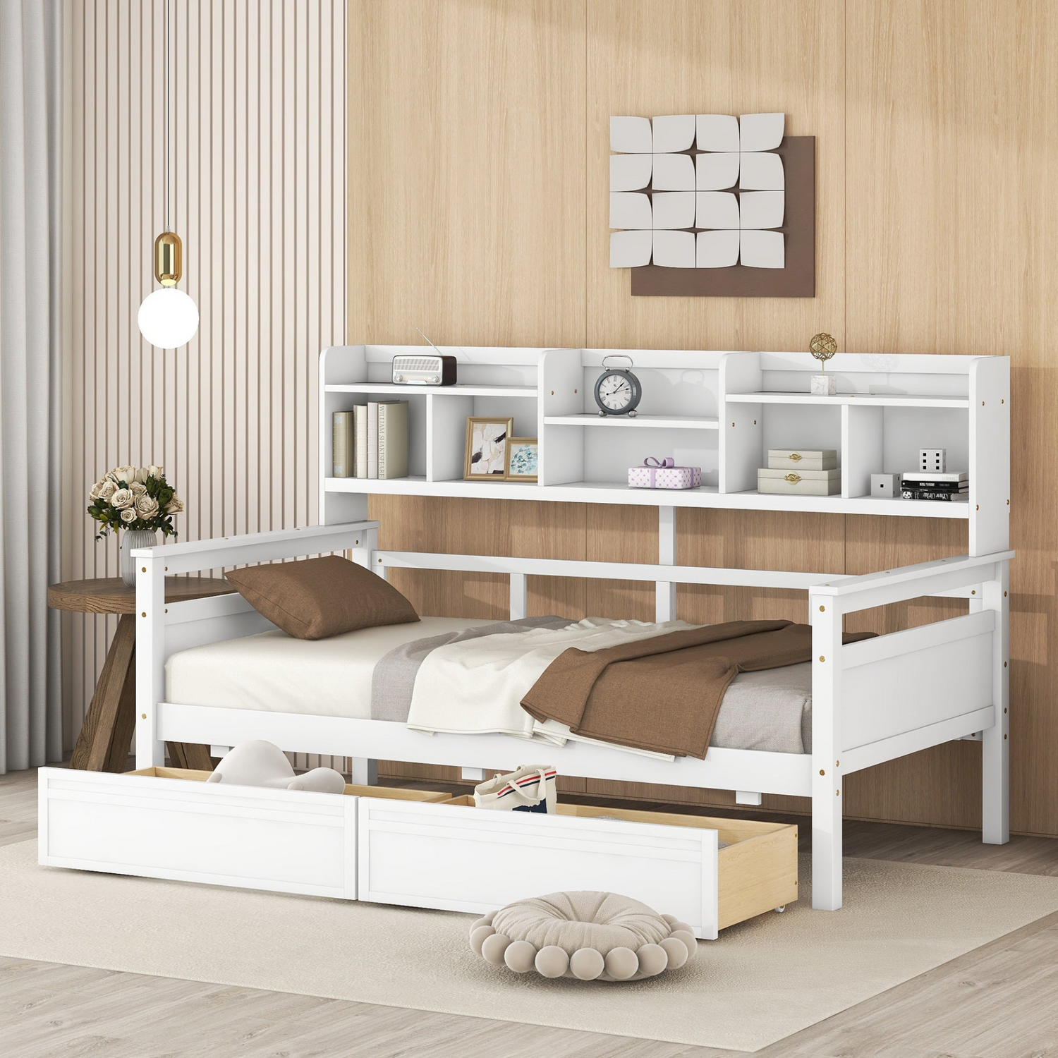 Twin size Start2Finish daybed with wood slat support, bedside shelves, and two storage drawers, featuring a sleek wooden frame.