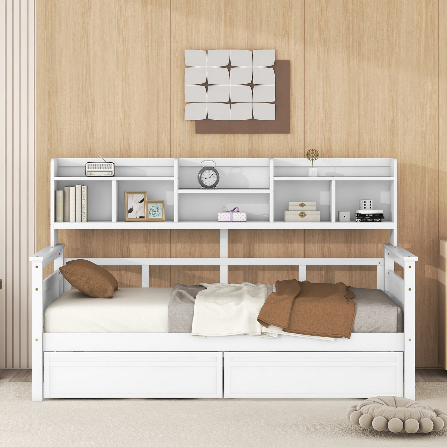 Twin size Start2Finish wood daybed with slat support, bedside shelves, and two drawers, showcasing a sleek, functional furniture piece.