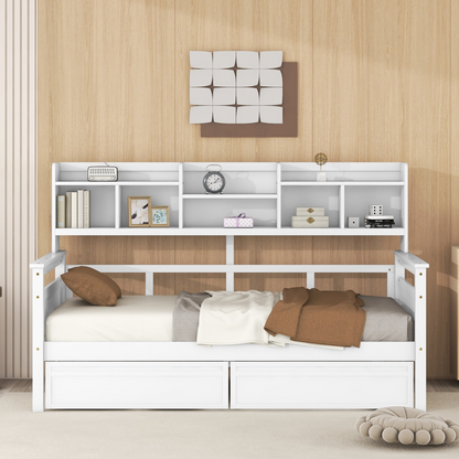 Twin size Start2Finish wood daybed with slat support, bedside shelves, and two drawers, showcasing a sleek, functional furniture piece.