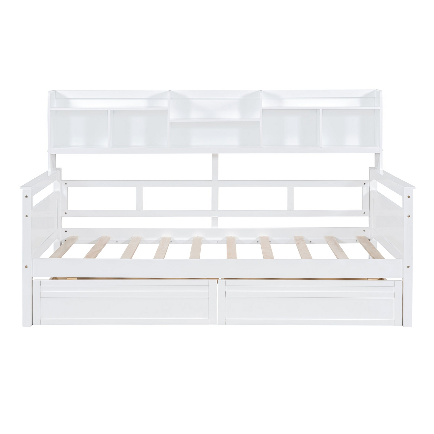 Start2Finish twin size wooden daybed with slat support, bedside shelves, and two drawers, showcasing a modern bedroom furniture piece.