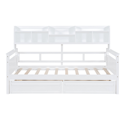 Start2Finish twin size wooden daybed with slat support, bedside shelves, and two drawers, showcasing a modern bedroom furniture piece.