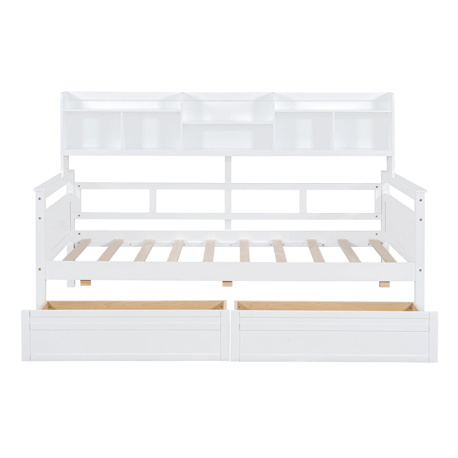Twin size Start2Finish daybed with wood slat support, bedside shelves, and two drawers in a modern furniture design.