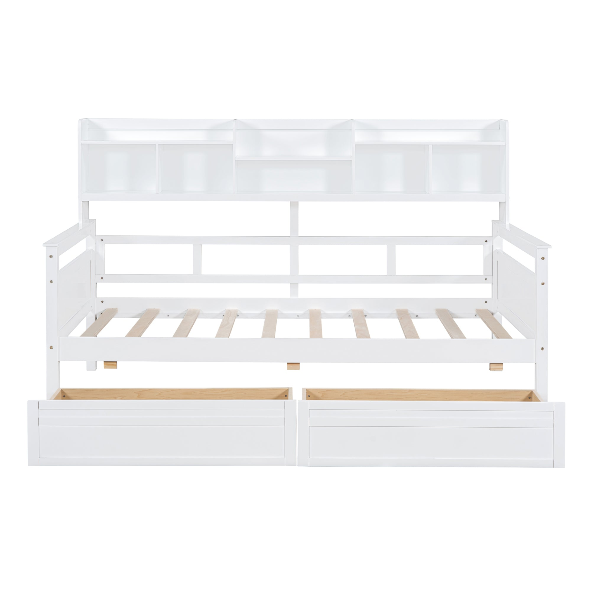 Twin size Start2Finish daybed with wood slat support, bedside shelves, and two drawers in a modern furniture design.