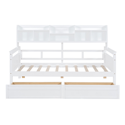 Twin size Start2Finish daybed with wood slat support, bedside shelves, and two drawers in a modern furniture design.
