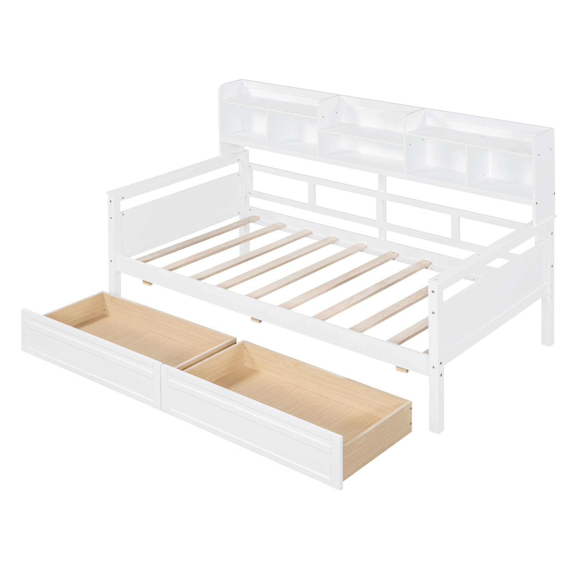 Twin size Start2Finish daybed with wood slat support, bedside shelves, and two drawers for versatile bedroom furniture.
