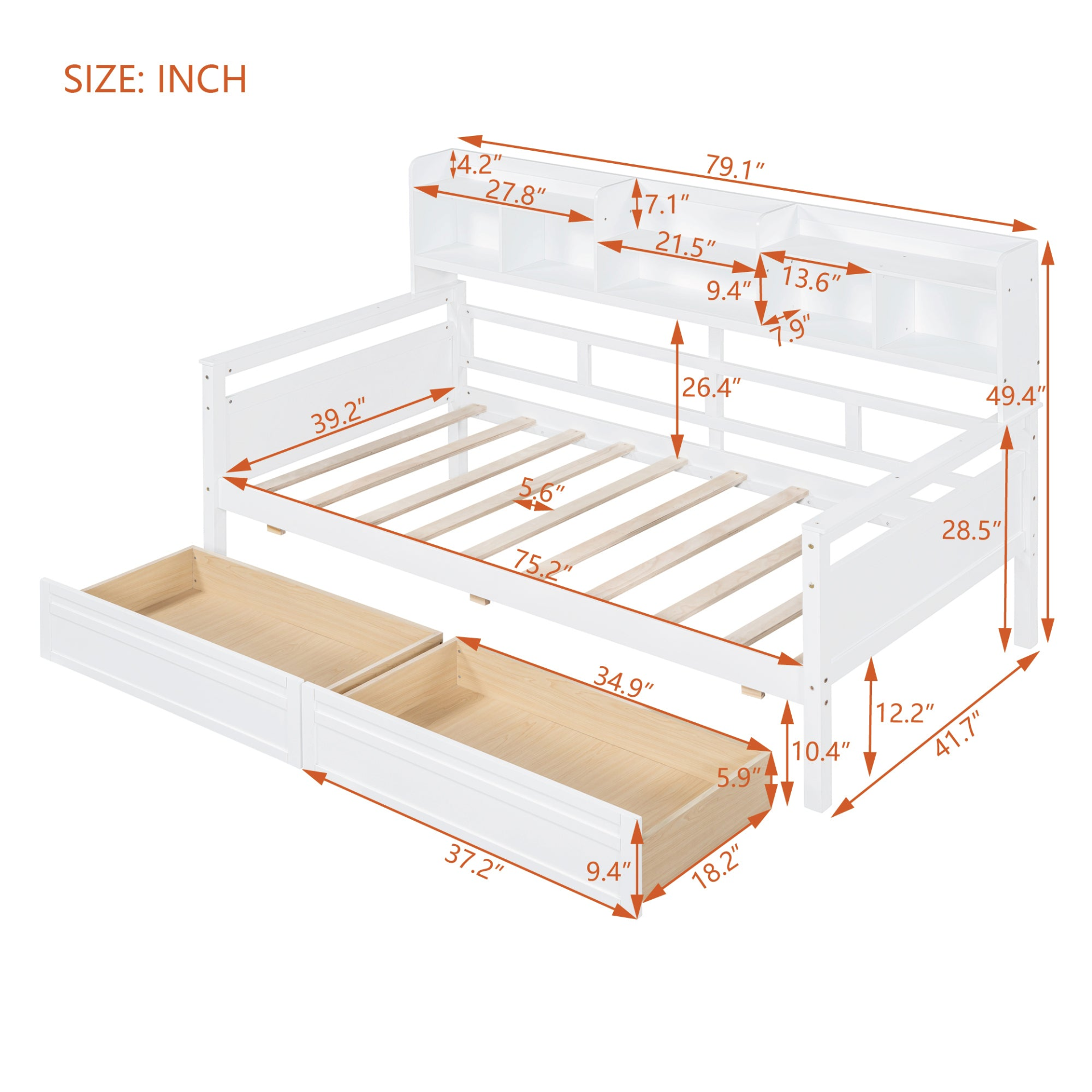 Twin size Start2Finish daybed with wood slat support, bedside shelves, and two drawers, shown with neutral bedding and wooden frame.