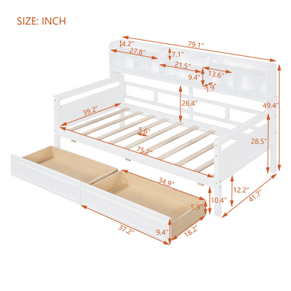 Twin size Start2Finish daybed with wood slat support, bedside shelves, and two drawers, shown with neutral bedding and wooden frame.