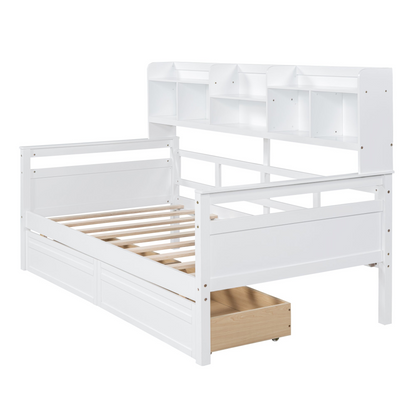 Twin size Start2Finish daybed with wood slat support, bedside shelves, and two drawers, shown in a modern bedroom setting.