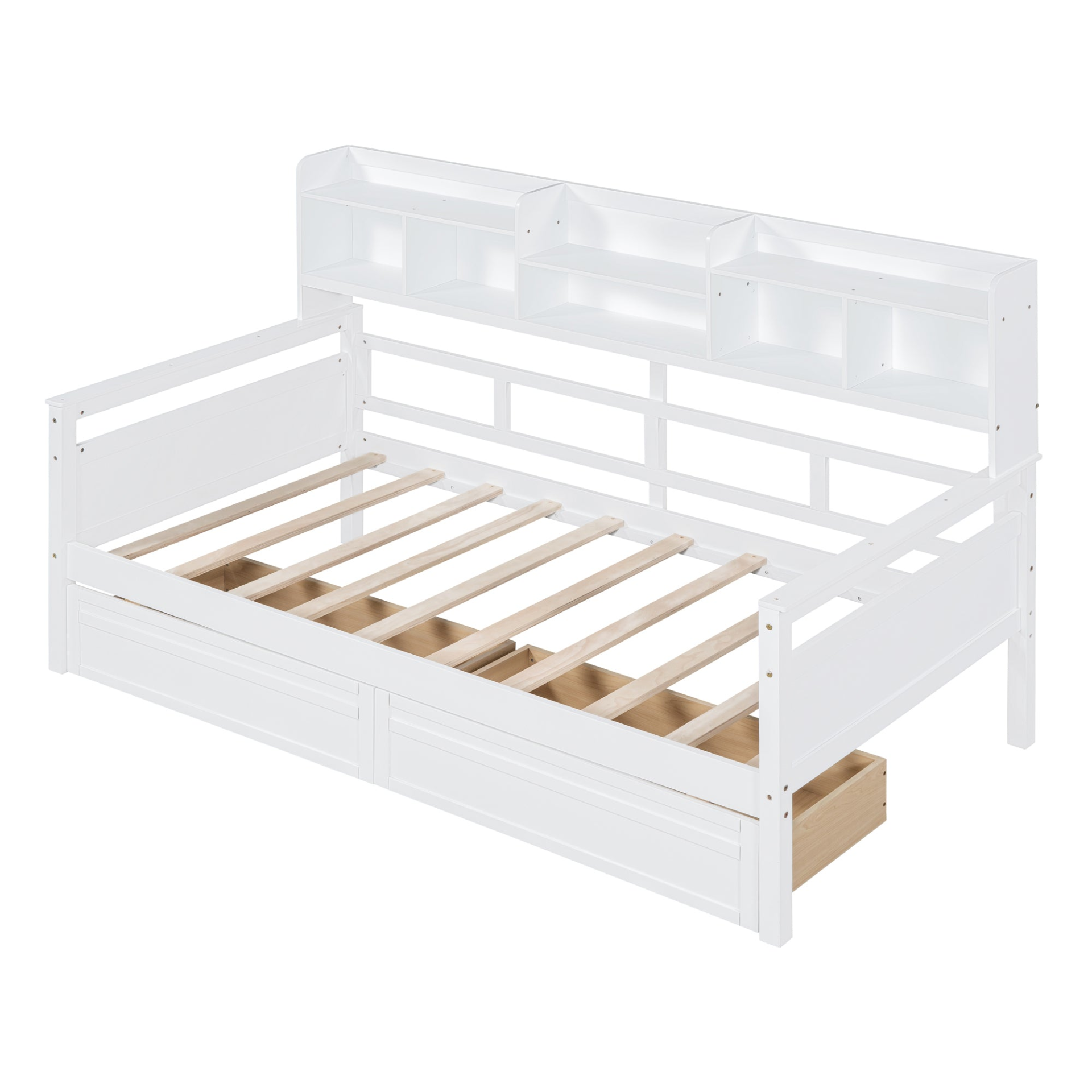Twin size Start2Finish daybed with wood slat support, bedside shelves, and two drawers in a modern furniture design.