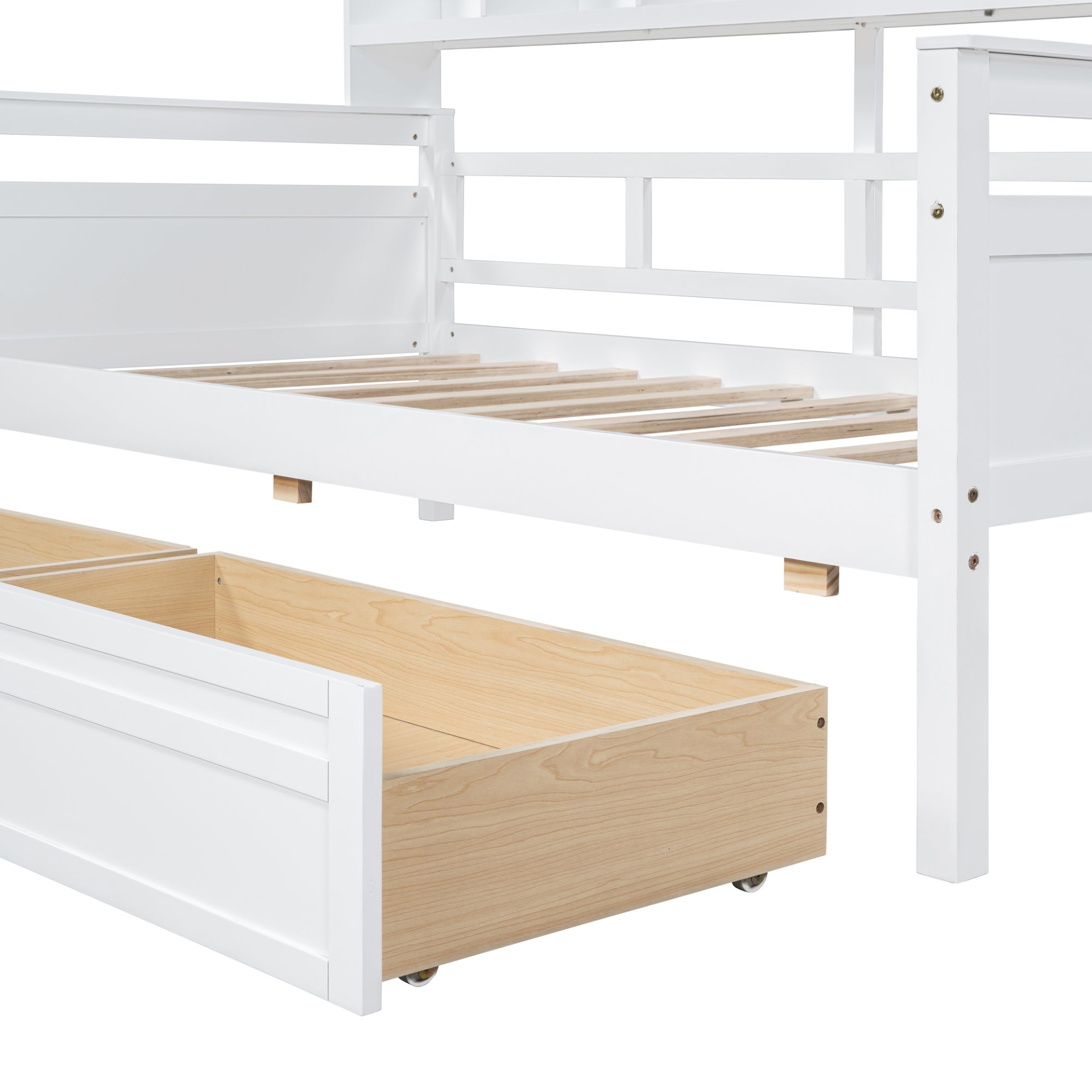 Twin size Start2Finish daybed with wood slat support, bedside shelves, and two drawers in a modern furniture style.