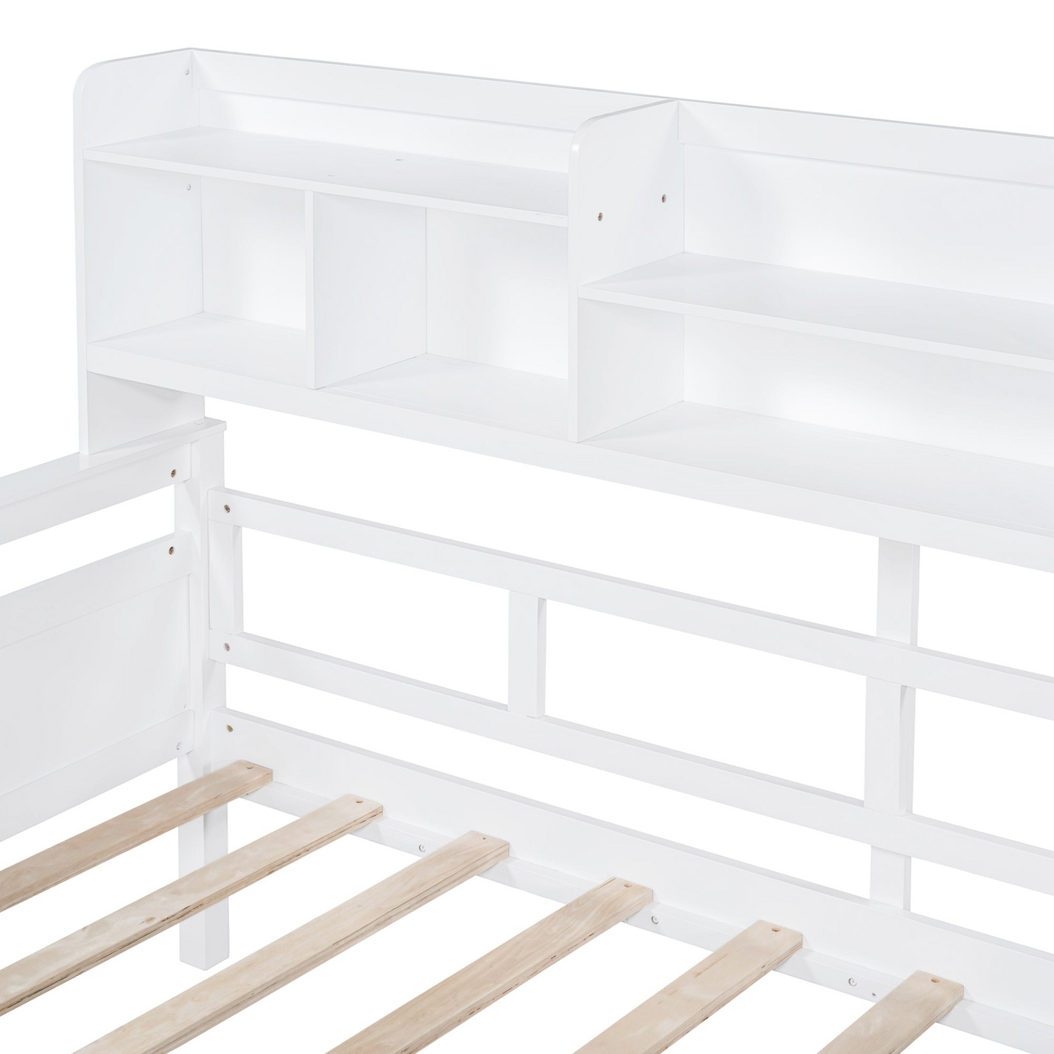 Twin size Start2Finish daybed with wood slat support, bedside shelves, and two drawers in a modern furniture design.