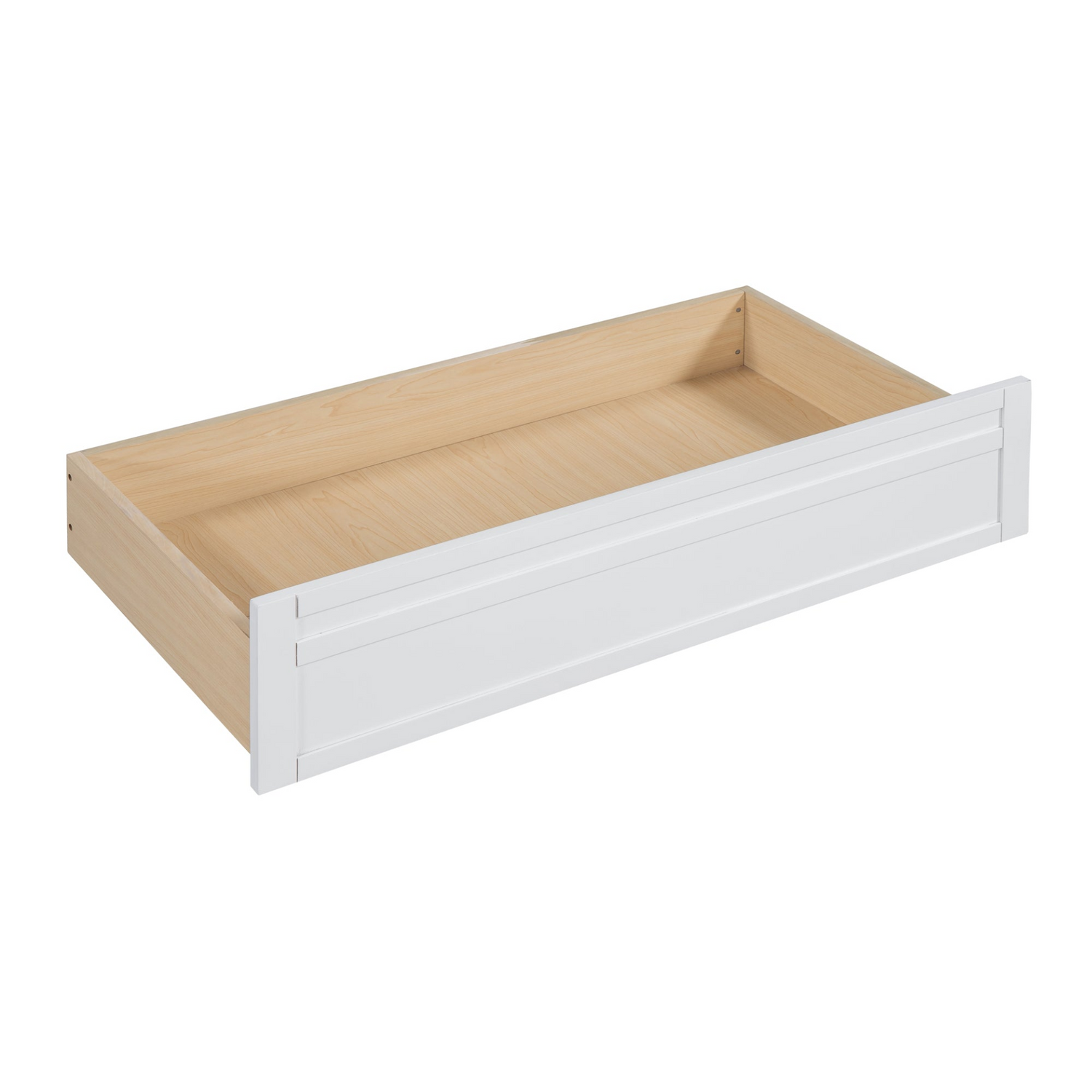 Twin size Start2Finish daybed with wood slat support, bedside shelves, and two drawers, showcasing its wooden frame and storage features.