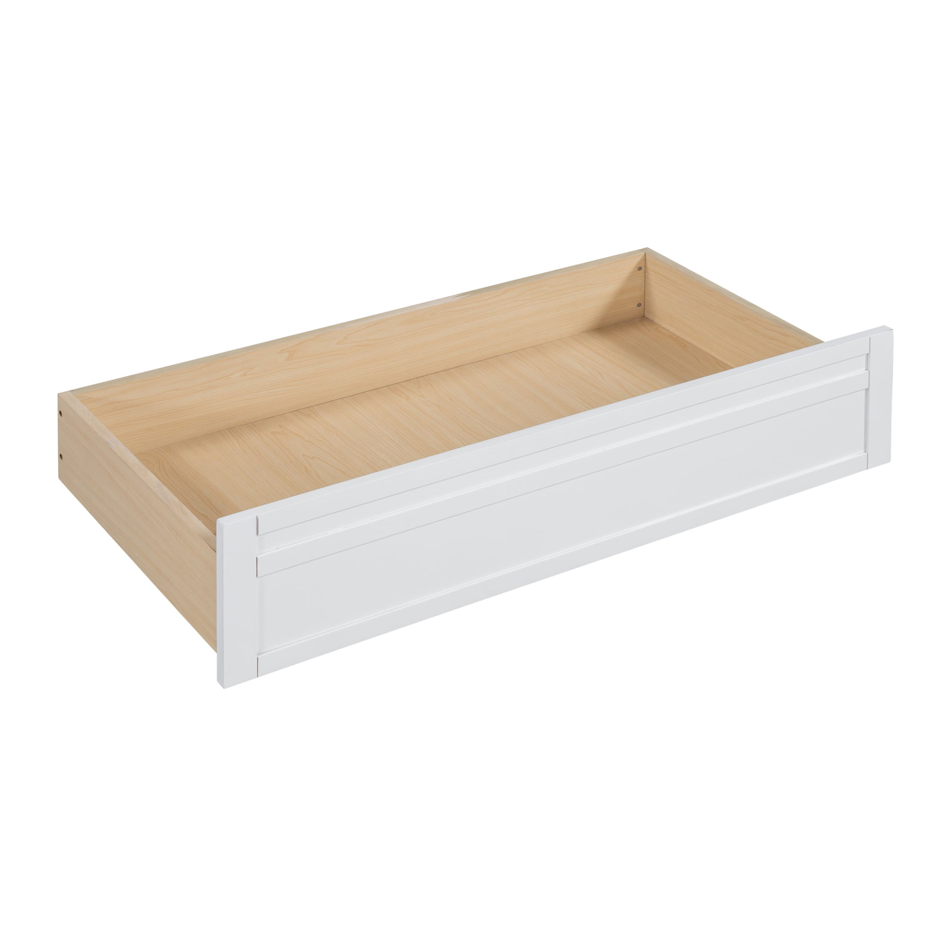 Twin size Start2Finish daybed with wood slat support, bedside shelves, and two drawers, showcasing its wooden frame and storage features.