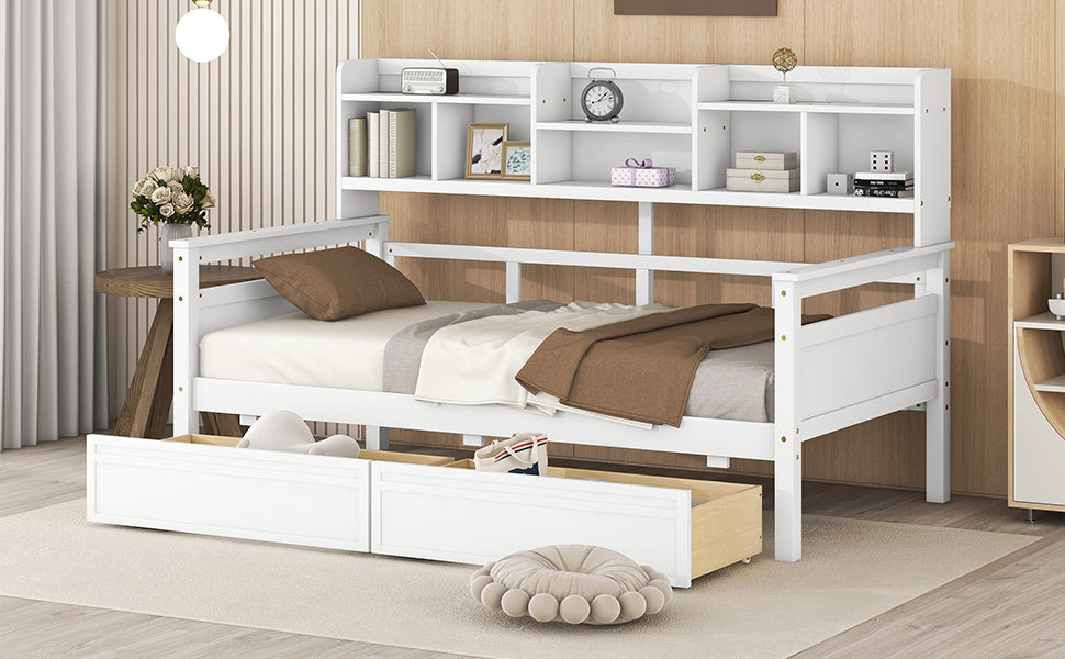 Start2Finish twin size daybed with wood slat support, bedside shelves, and two drawers, showcasing its stylish and functional furniture design.