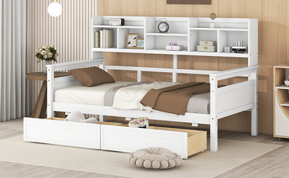 Start2Finish twin size daybed with wood slat support, bedside shelves, and two drawers, showcasing its stylish and functional furniture design.
