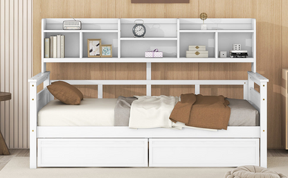 Twin size Start2Finish wooden daybed with slat support, bedside shelves, and two drawers for versatile bedroom furniture.