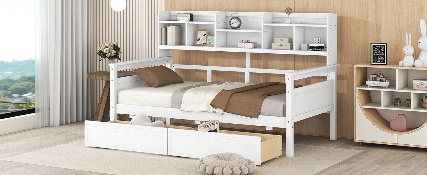 Twin size Start2Finish daybed with wood slat support, bedside shelves, and two drawers in a modern furniture design.
