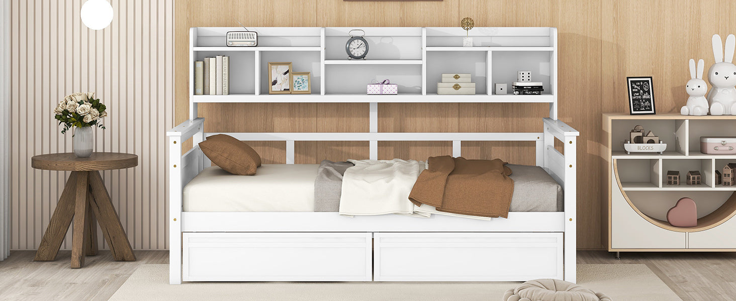 Twin size Start2Finish daybed with wood slat support, bedside shelves, and two drawers for versatile bedroom seating and storage.