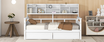 Twin size Start2Finish daybed with wood slat support, bedside shelves, and two drawers for versatile bedroom seating and storage.