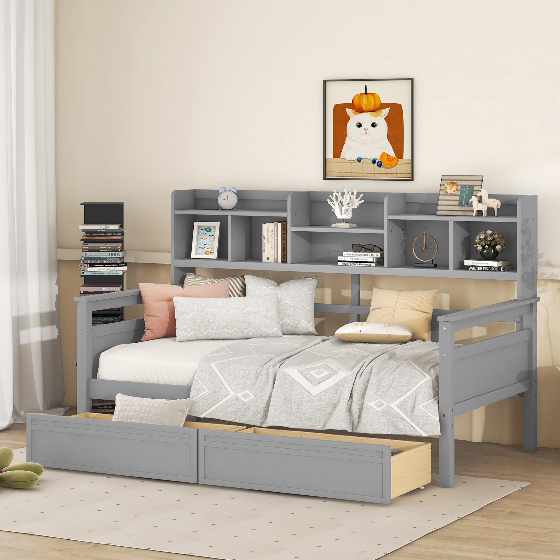 Twin size Start2Finish daybed with wood slat support, bedside shelves, and two drawers, featuring a sleek, modern furniture design.
