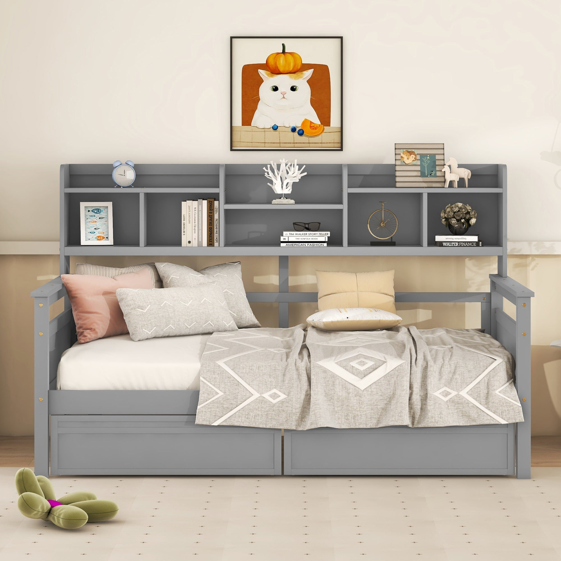 Start2Finish twin size wooden daybed with slat support, built-in bedside shelves and two drawers, shown in a cozy bedroom setting.