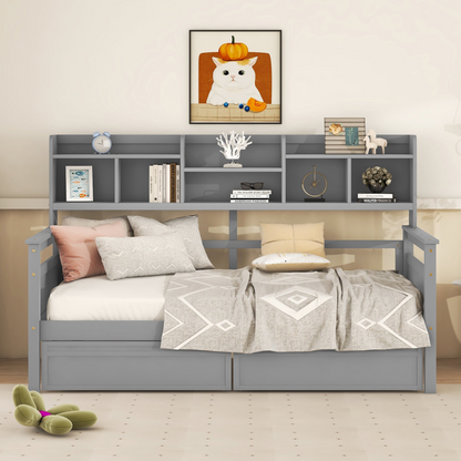 Start2Finish twin size wooden daybed with slat support, built-in bedside shelves and two drawers, shown in a cozy bedroom setting.