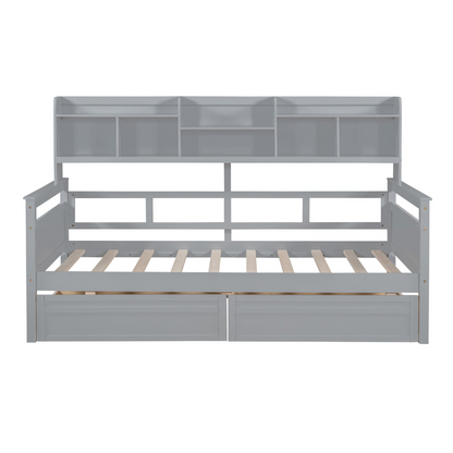 Twin size Start2Finish daybed with wood slat support, bedside shelves, and two drawers, showing its modern wooden frame and storage features.