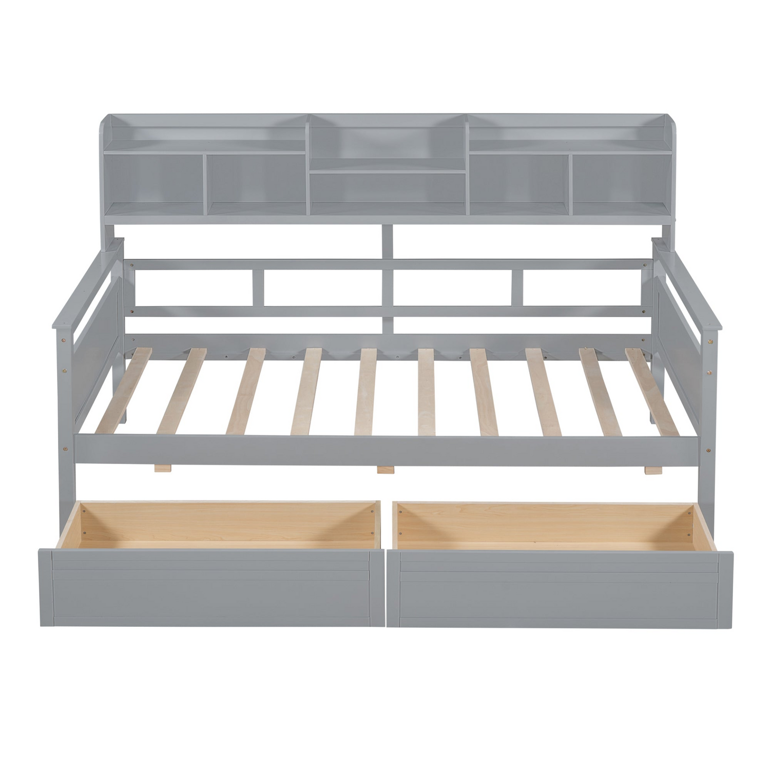 Start2Finish twin size wood slat daybed with bedside shelves and two drawers, showcasing its sturdy frame and functional storage.